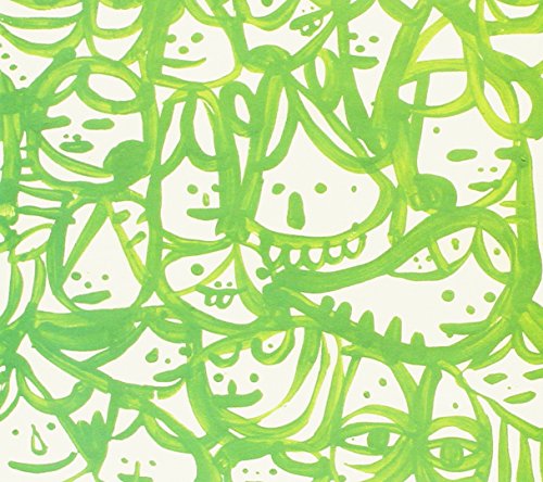 Abstract green swirls and faces cover a white background.