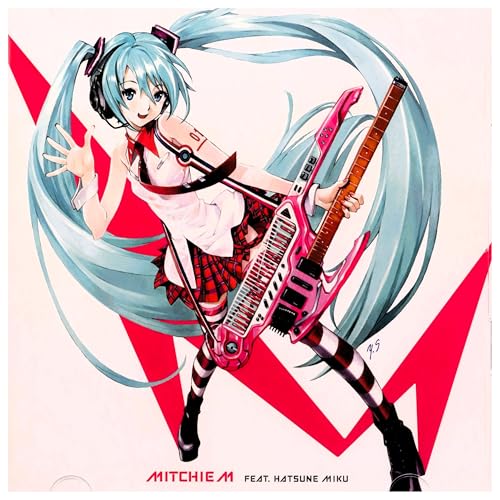 Anime girl with turquoise hair playing a pink electric guitar.