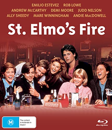 “St. Elmo’s Fire” Blu-ray cover with group portrait and red background.