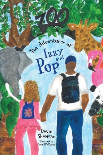 Book cover: child and adult with zoo animals, giraffe, elephant, flamingo.