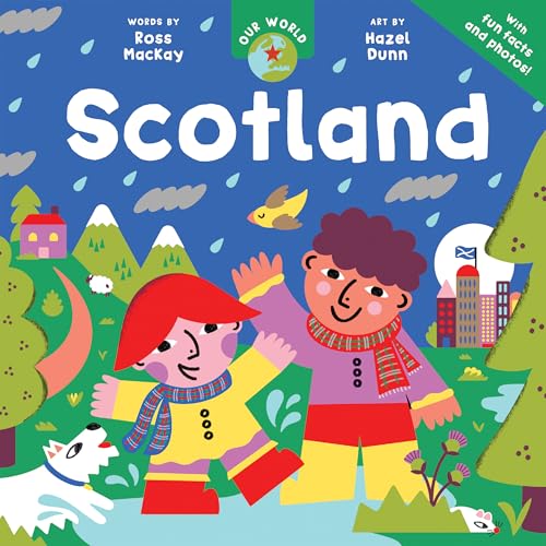 Colorful illustrated children’s book cover depicting Scottish landscapes and people.