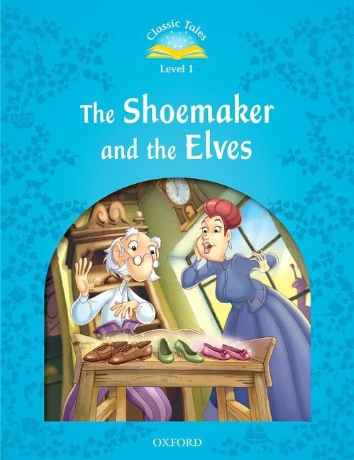 Book cover: shoemaker, elves, and woman in a workshop scene.