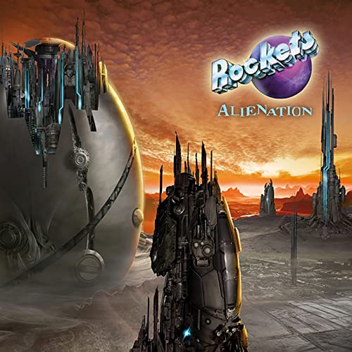 Album cover for Rockets’ “Alienation” featuring a futuristic cityscape.