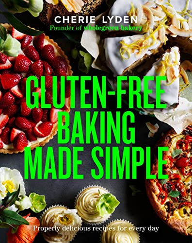Cookbook cover with fruit tarts, cupcakes, and the title "Gluten-Free Baking Made Simple".