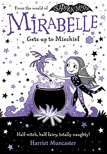 A girl with purple hair and a wand stirs a cauldron with a small dragon.