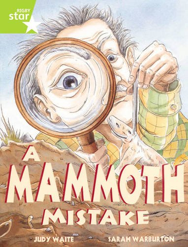 A man uses a magnifying glass to examine a small mammoth in the dirt.