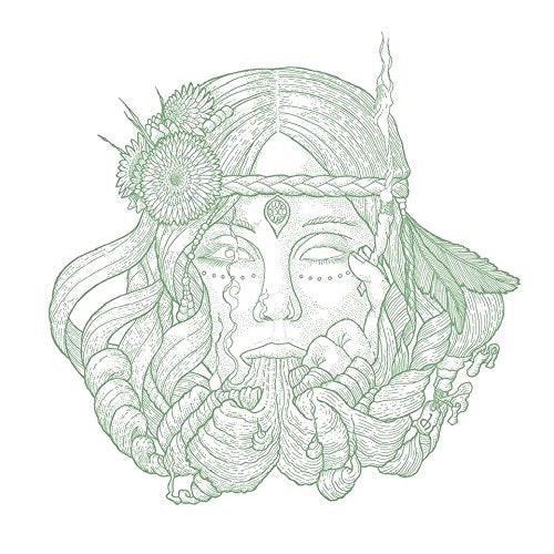 Green line art of a woman’s face with flowers and braids.