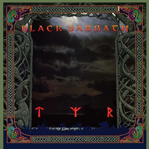 Black Sabbath’s “Tyr” album cover with ornate border and stormy sky.