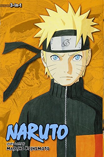 Naruto Uzumaki on the cover of a 3-in-1 Naruto manga volume with orange background.