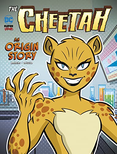 Book cover featuring the DC character Cheetah in a laboratory setting with test tubes.