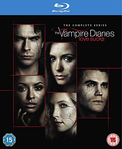 “The Vampire Diaries” Blu-ray cover featuring five actors with cracked skin.