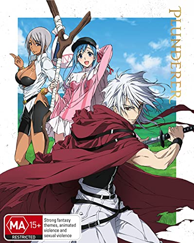 Blu-ray cover for anime "Plunderer" featuring three characters in a field.