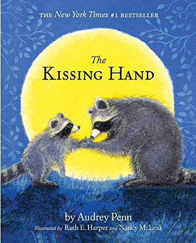A mother raccoon and her baby raccoon holding hands against a large yellow moon.
