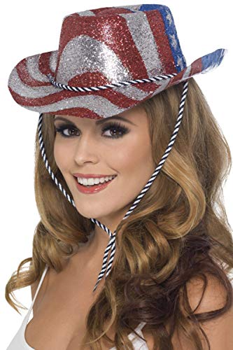 Smiffys Cowboy Glitter Hat with Stripes and Stars - Red, Silver and Blue