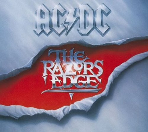 AC/DC The Razors Edge album cover with metallic text over a torn red background.