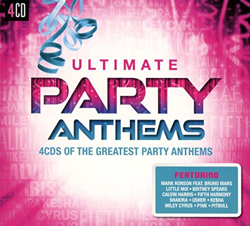 Four-CD compilation album, "Ultimate Party Anthems," with colorful text and graphics.
