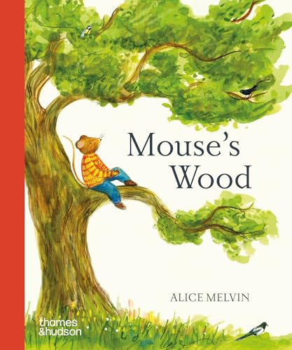Photograph of a book with a wooden cover featuring a mouse illustration.