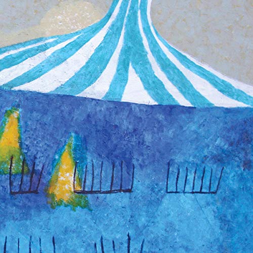 Blue and white striped peak over a textured blue landscape with trees.