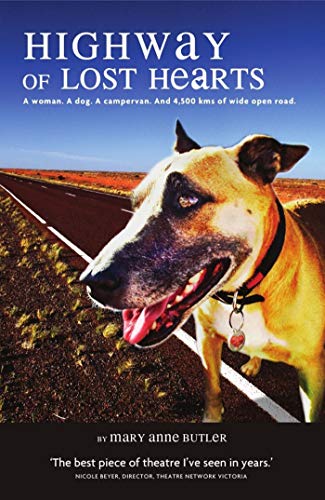 Book cover: dog with tongue out, highway in background, title "Highway of Lost Hearts".