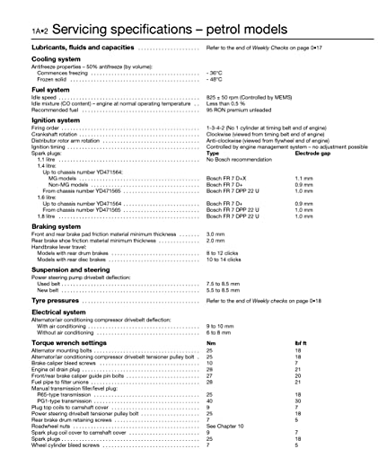 Technical page detailing servicing specifications for Rover 25 & MG ZR cars.