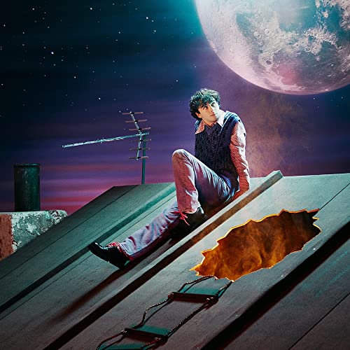 Young man sits on a rooftop under a large, colorful moon.