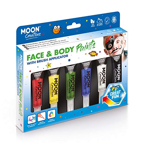 Face & Body Paint with Brush Applicator by Moon Creations - Water Based Face Paint Makeup for Adults, Kids - 15ml - Primary Colours Boxset
