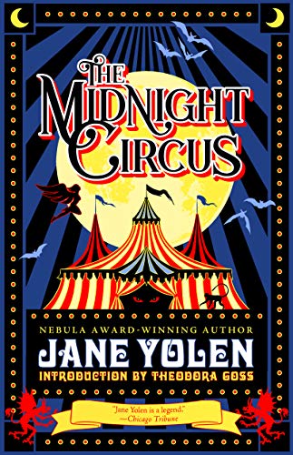 Book cover for "The Midnight Circus" featuring a striped tent and moon.