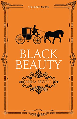 Orange book cover for "Black Beauty" featuring a horse and carriage.