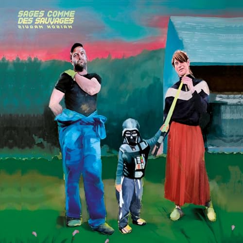 CD cover: painted figures—man, child in mask, woman—before a building.