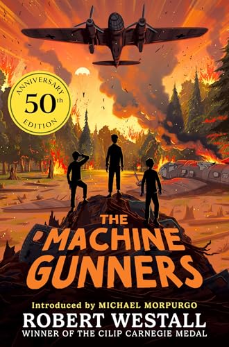 Three children stand on a wreckage pile beneath a warplane against a fiery background.