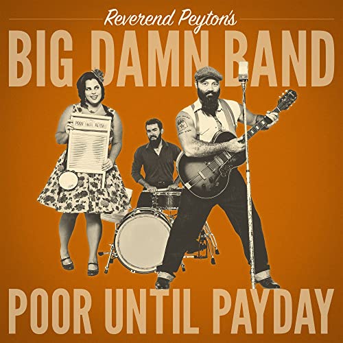 Band portrait with musicians, drums, and guitar on orange background.