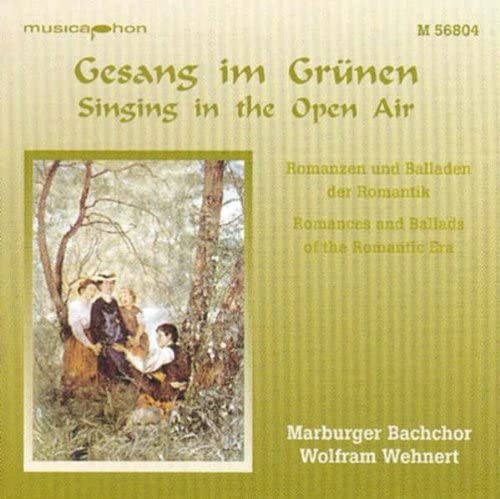 CD cover with a painting of people in a forest and German text.