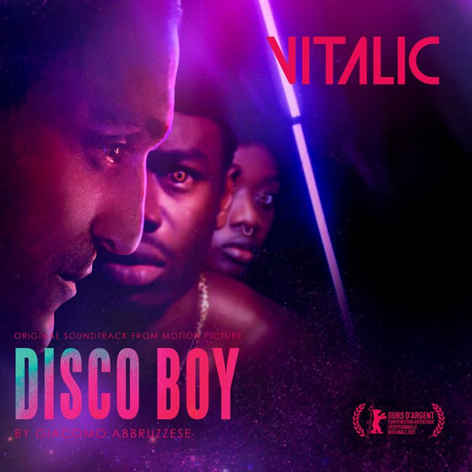 Vitalic Disco Boy vinyl cover featuring three faces illuminated by purple and blue neon light.