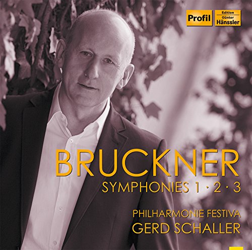 CD cover featuring conductor Gerd Schaller and text “Bruckner Symphonies 1-3”.