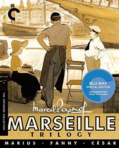Blu-ray cover for "Marseille Trilogy" featuring illustrated figures by a harbor.