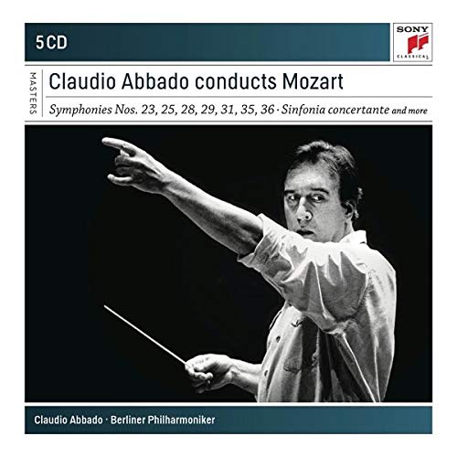 Claudio Abbado conducting, album cover for Mozart symphonies on 5 CDs.