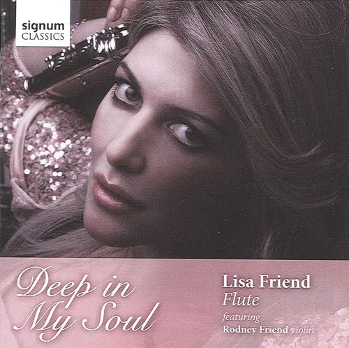 CD cover featuring Lisa Friend with a flute, pink background.