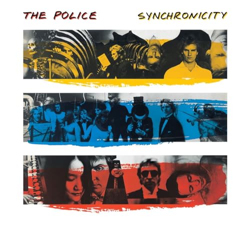 The Police's "Synchronicity" album cover with layered, colorful portrait imagery.