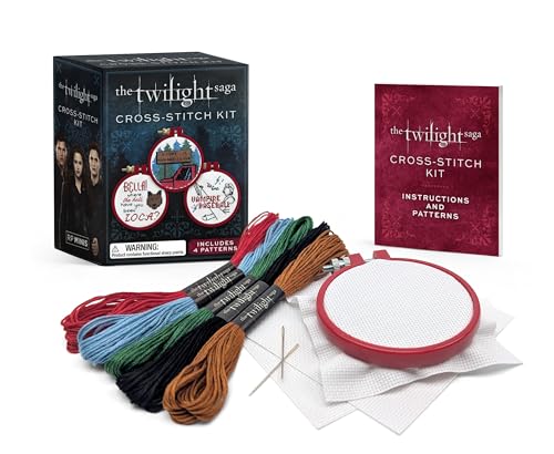 Twilight Saga cross-stitch kit with patterns, floss, needle, and hoop.