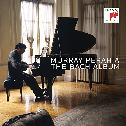Murray Perahia at a grand piano, album cover for "The Bach Album".