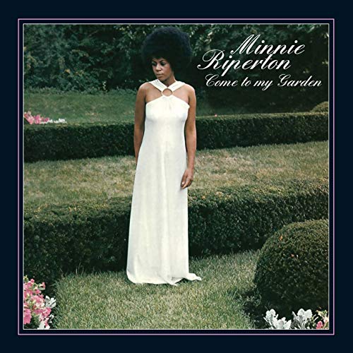 Minnie Riperton album cover: woman in white dress in a garden.