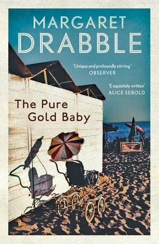Book cover showing a vintage baby carriage on a beach near a wooden structure.