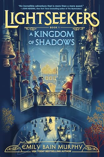 Book cover: fantasy cityscape with three figures on a bridge.