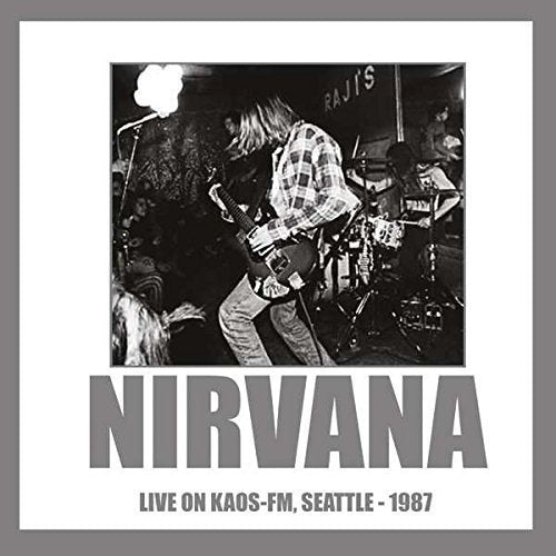 Black and white photo of Kurt Cobain playing guitar onstage, with "Nirvana" text.