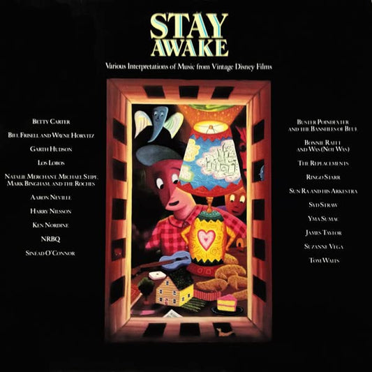 Vinyl record cover for “Stay Awake,” featuring Disney-inspired artwork and artist names.