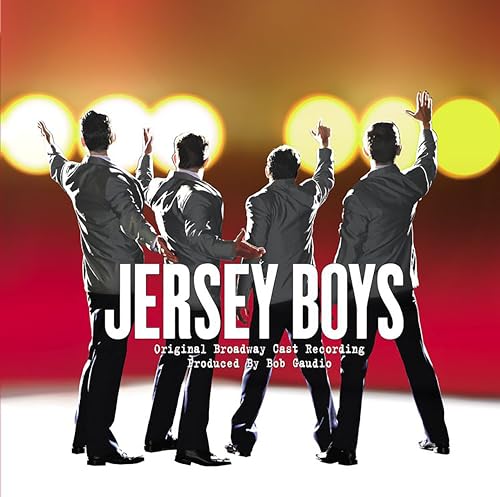 Album cover for "Jersey Boys" featuring four men in suits with arms raised.