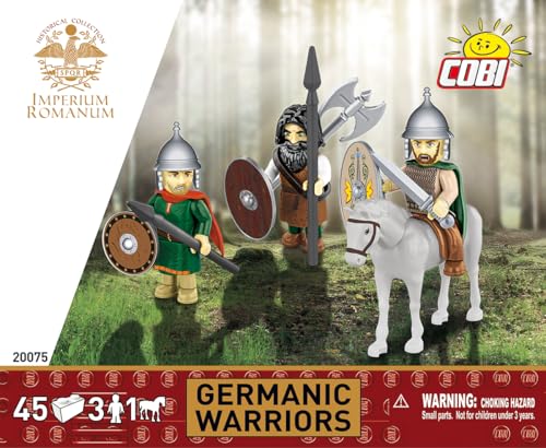 Cobi building block set depicting Roman and Germanic warriors with weapons.