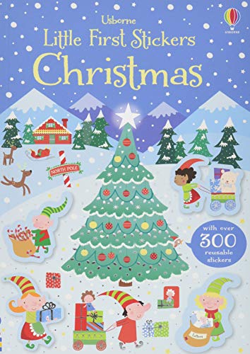 Christmas sticker book with snowy scene, elves, and a decorated tree.