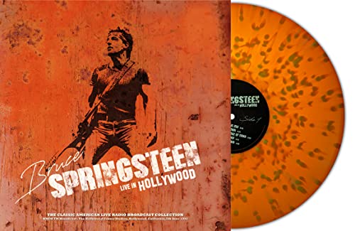 Bruce Springsteen album cover and orange/yellow splatter vinyl record shown.