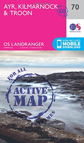 OS Landranger Active Map of Ayr, Kilmarnock & Troon with coastal scene.
